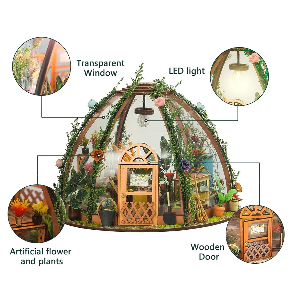 DIY Miniature Dollhouse Kit Wooden Flower Green House with LED Light U96628