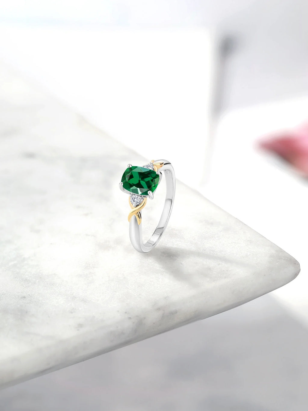 2 Tone 10K Yellow Gold and 925 Sterling Silver Green Created Emerald and White Lab Grown Diamond Engagement Ring B458