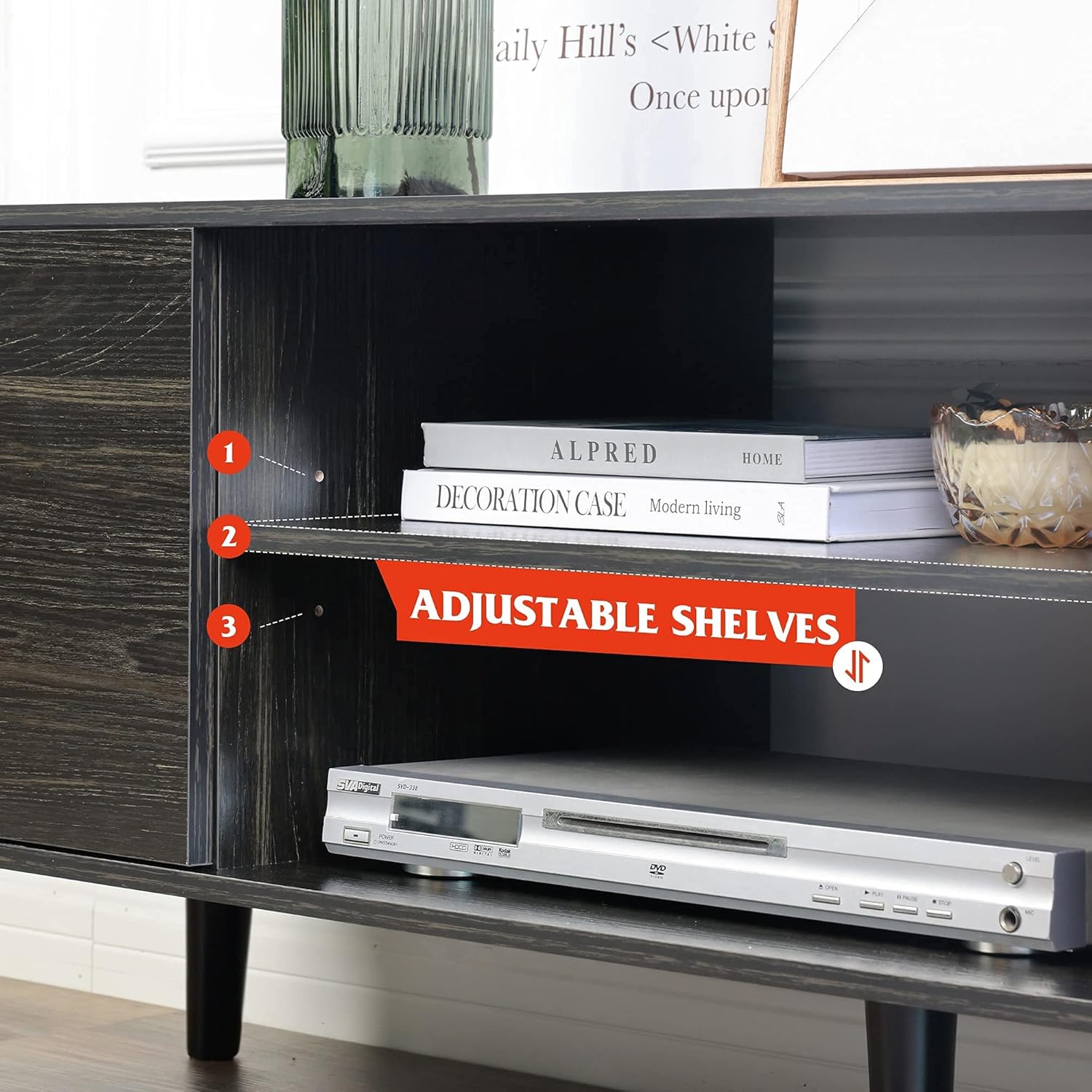 Gray Oak TV Stand with Storage Cabinet and Open Shelves Q4064