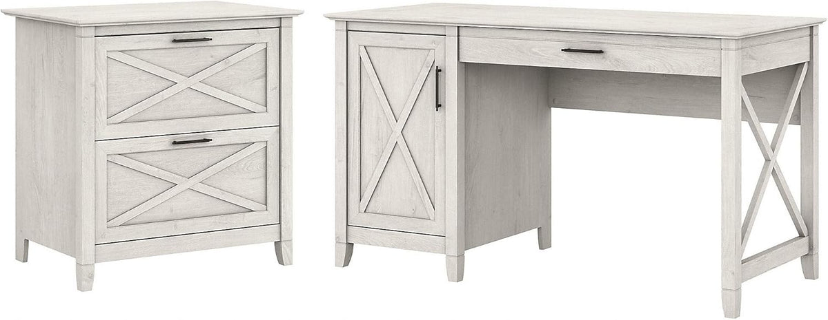 54W Linen White Oak Computer Desk with Storage and 2 Drawer Lateral File Cabinet S22738