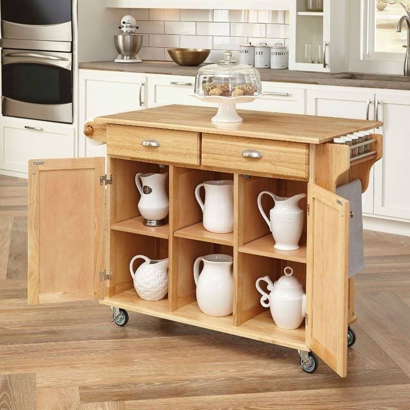 Natural Wood Finish Kitchen Island Cart with Locking Casters Z738203