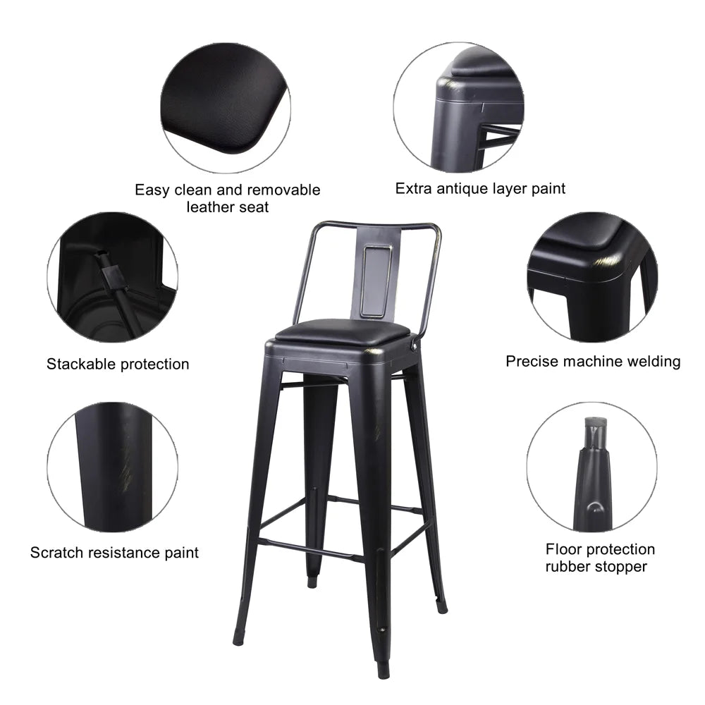 Black Metal Bar Stools with Vegan Leather Seat, Set of 6 D57238