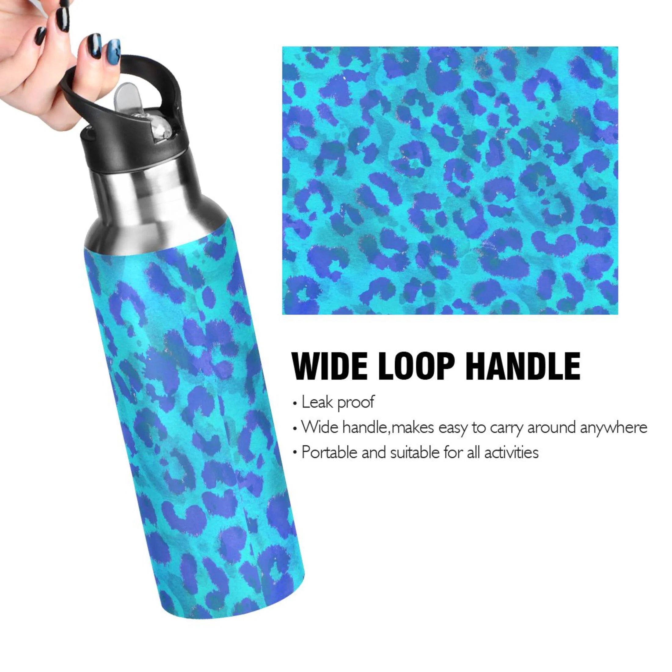 Blue Leopard Stainless Steel Insulated Water Bottle with Straw Lid M941