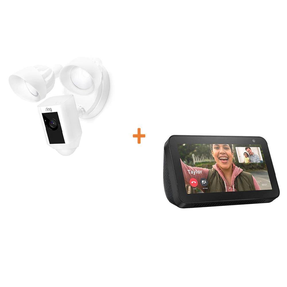 Wired Outdoor Wi-Fi Security Camera with Motion Activated Floodlight in White with Echo Show 5 in Charcoal G5995