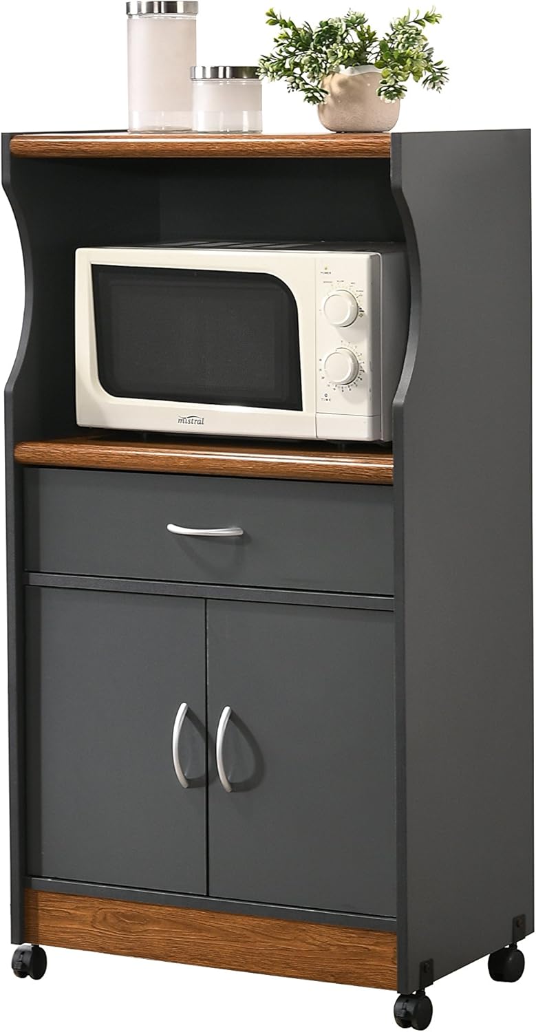 Grey-Oak Microwave Cart with One Drawer, Two Doors, and Shelf J86356