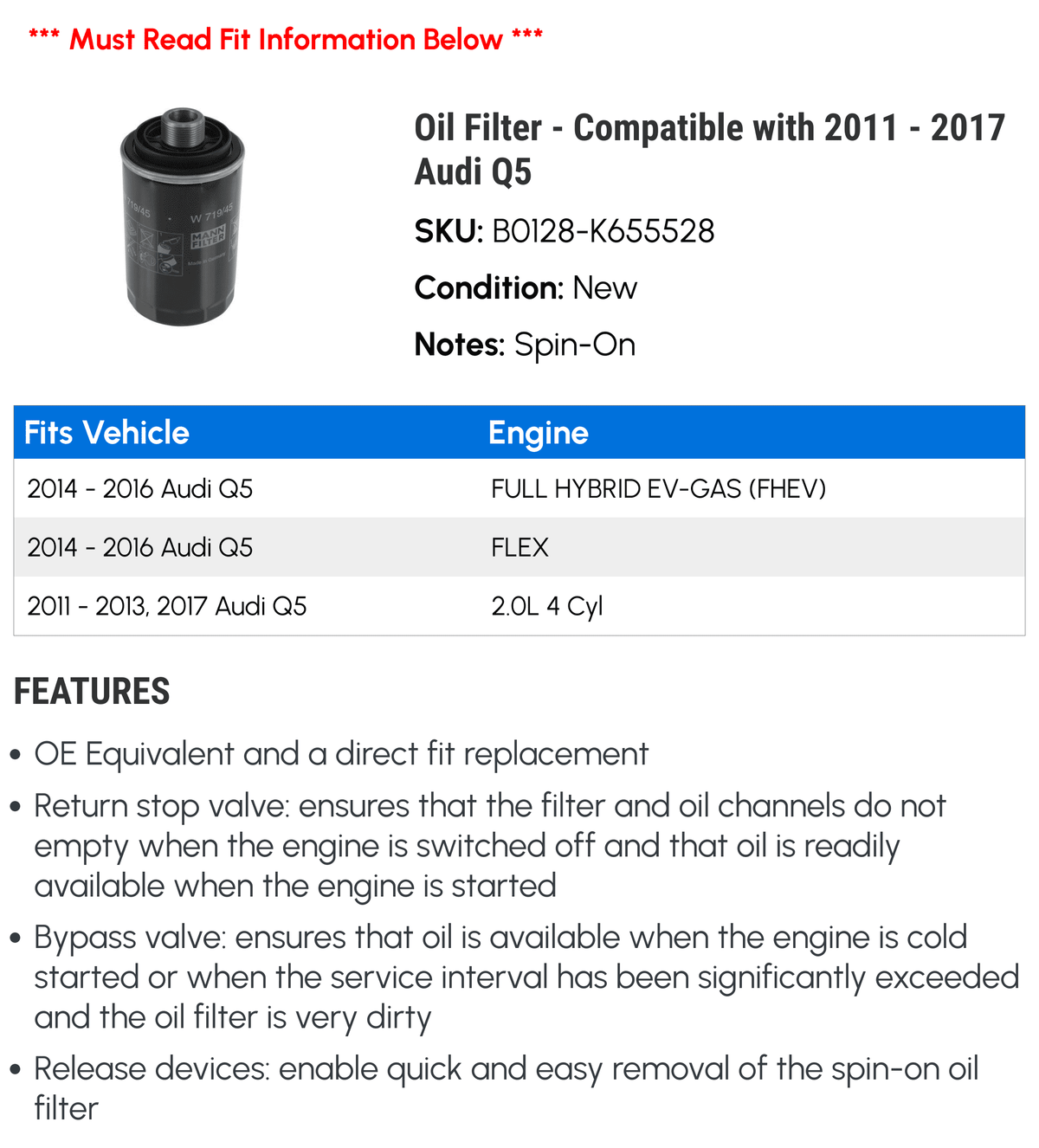 Oil Filter for Audi Q5 2011-2017 Q7014