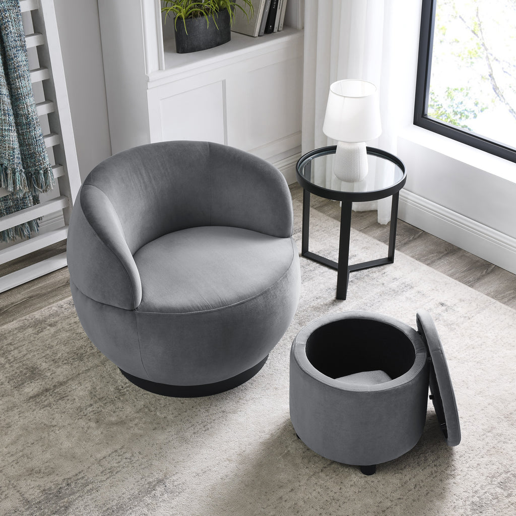 Grey Velvet Barrel Chair with Storage Ottoman U914