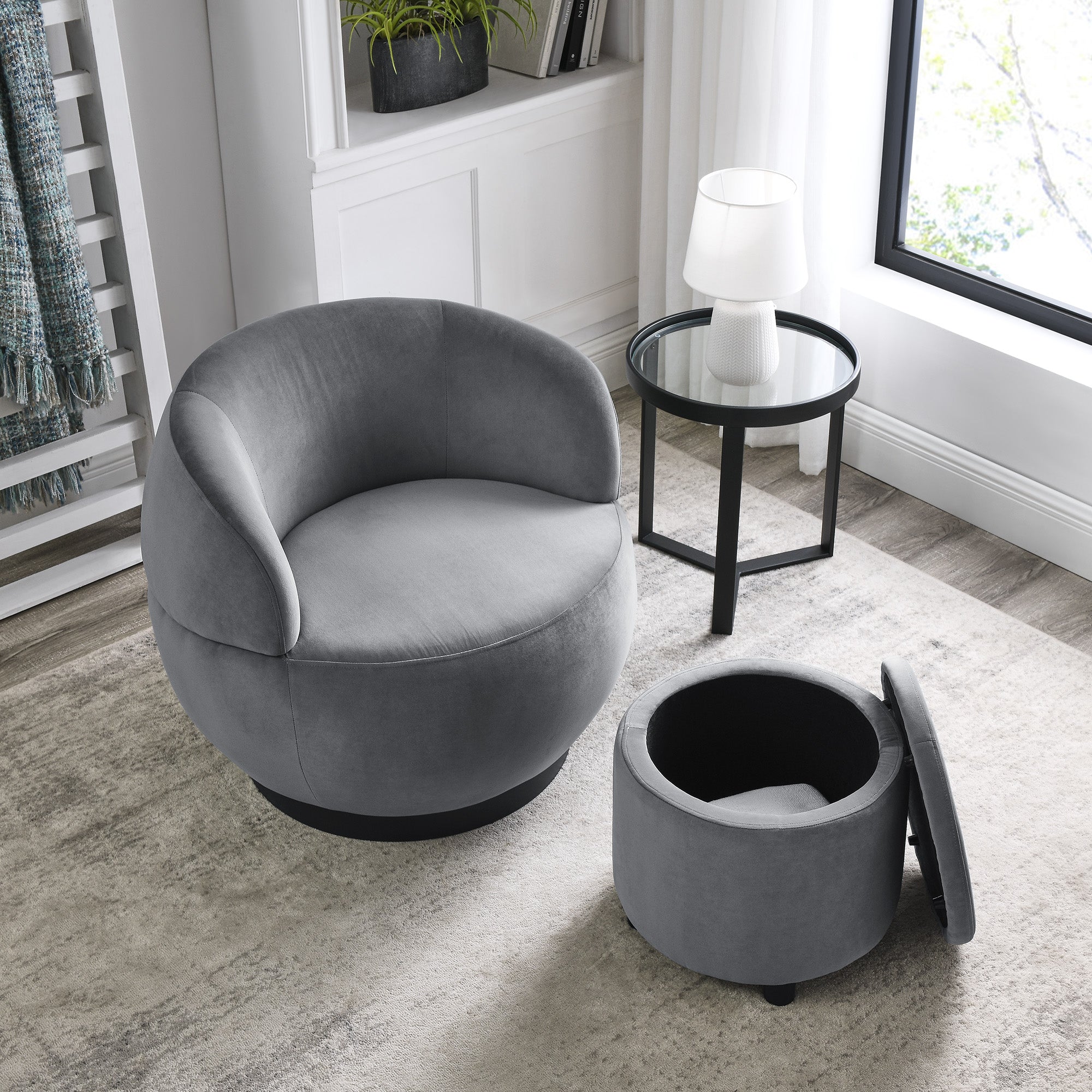 Grey Velvet Barrel Chair with Storage Ottoman U914
