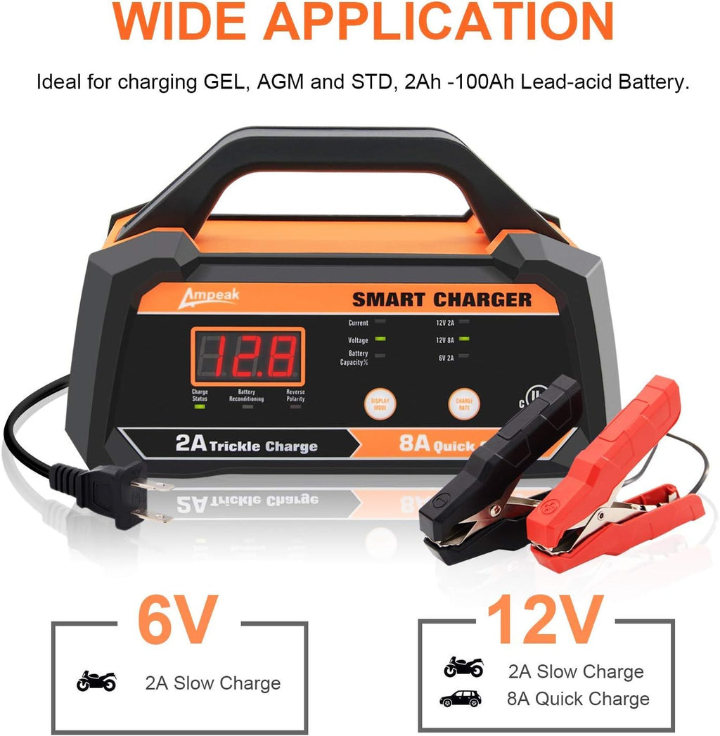 6V 12V Smart Car Battery Charger and Maintainer 2A 8A with Cable Clamps H2641