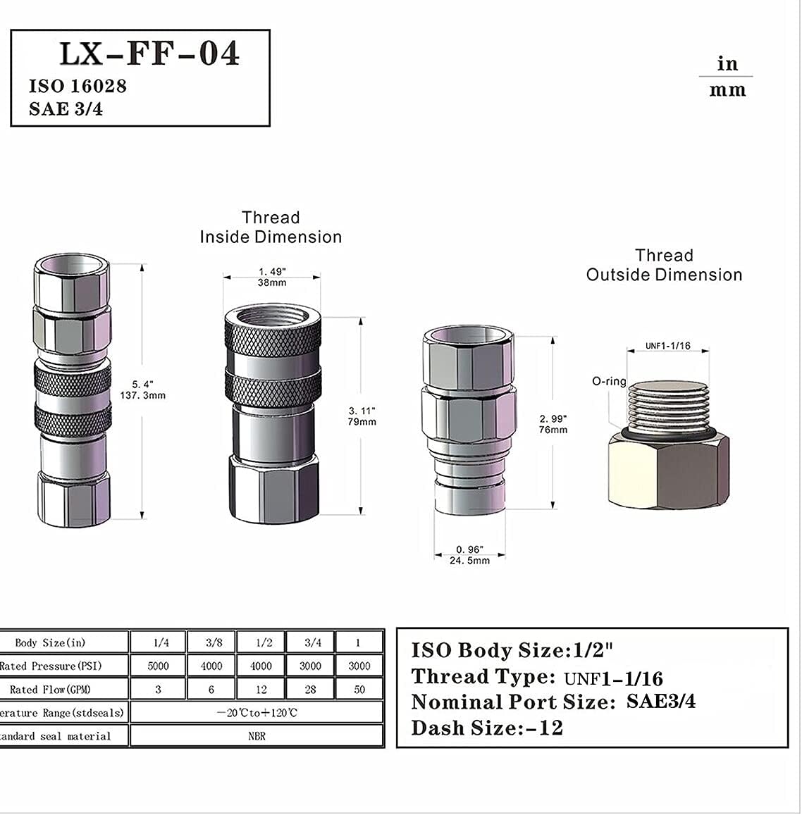 1/4 Flat Face Hydraulic Quick Connect Coupling Set with Black Dust Cap O829