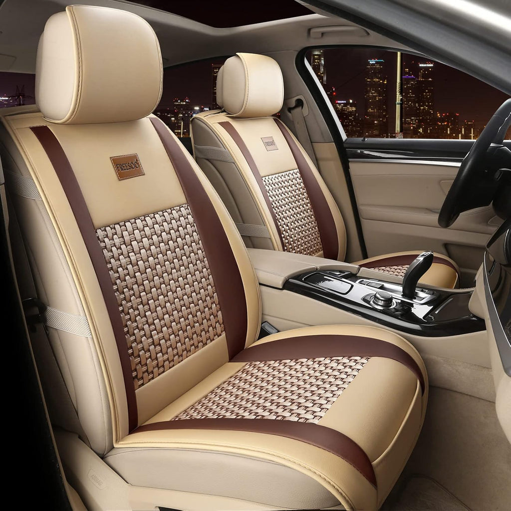 Khaki Black Leather Car Seat Cover Full Set Universal for 5 Seats X697299