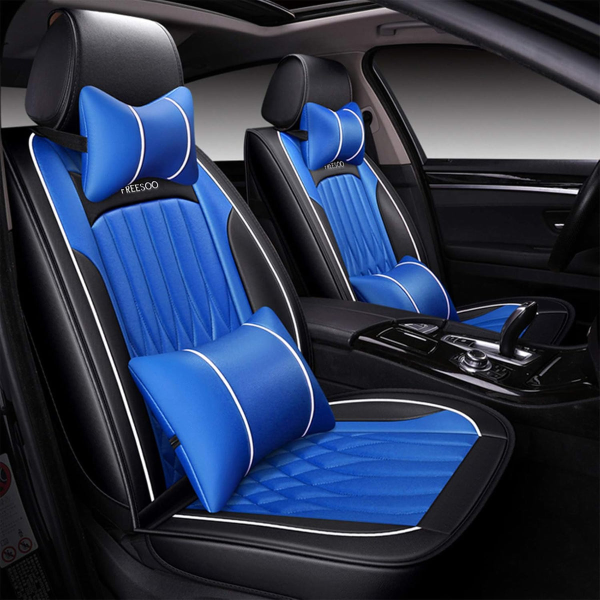 Khaki Black Leather Car Seat Cover Full Set Universal for 5 Seats X697299