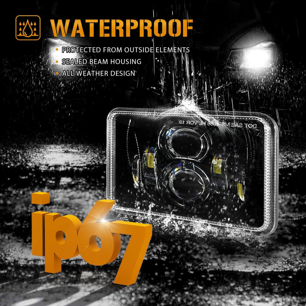 4x6 LED Headlights, 4PCS 60W DOT Approved Rectangular Black I840