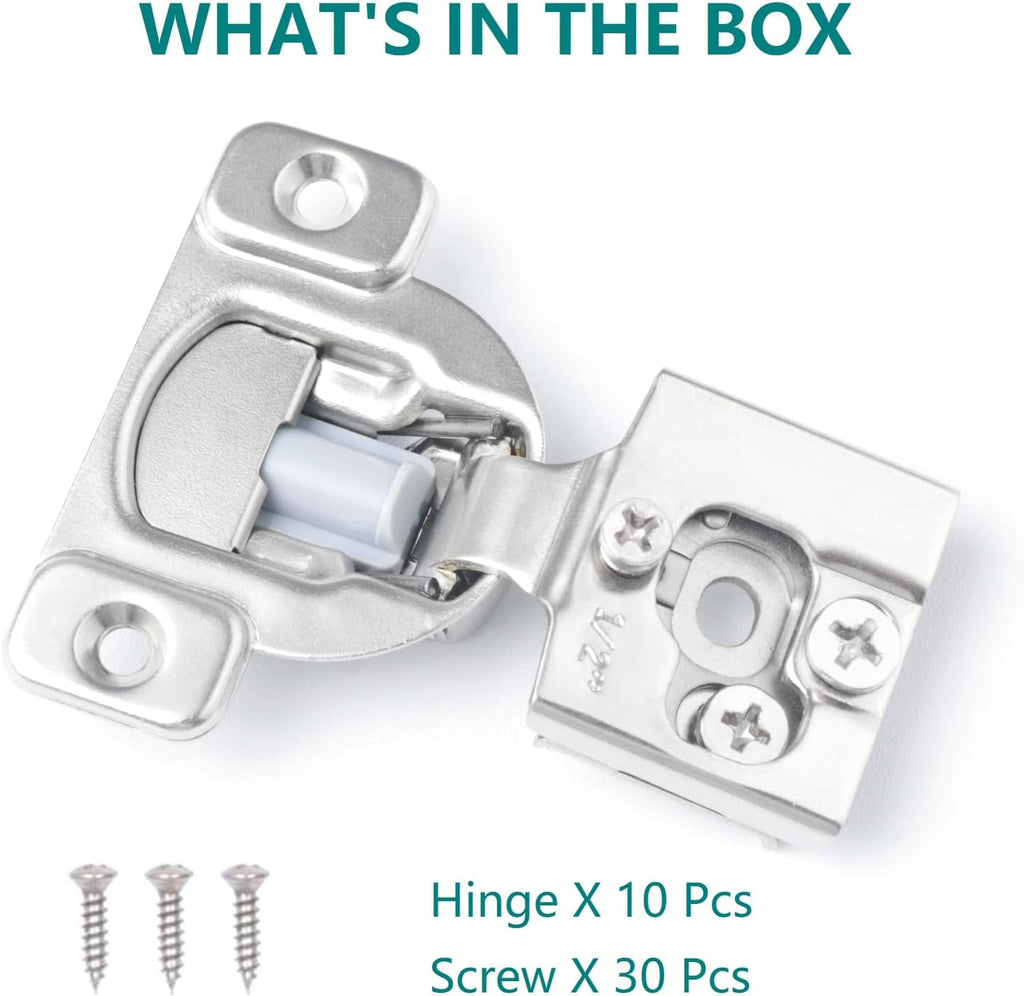10 Pack Soft Close Cabinet Hinges, 1/2 Inch Overlay, Satin Nickel D653908
