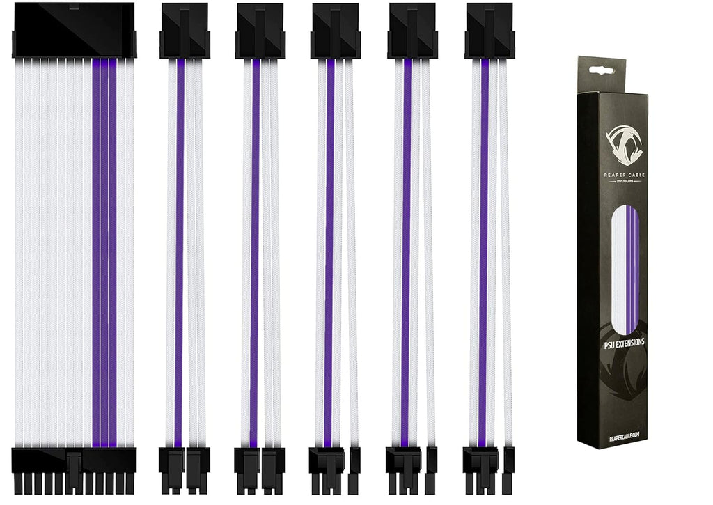 Sleeved PSU Extension Set with Aluminium Cable Combs, 24 Pin, 4+4 Pin, 6+2 Pin, 30cm, White & Purple, Pack of 2 J4182