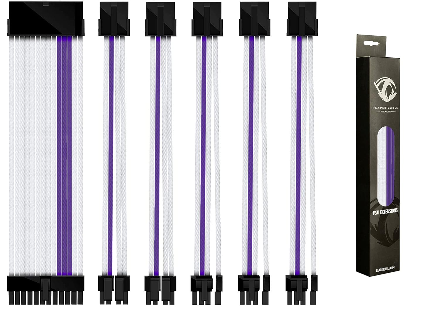 Sleeved PSU Extension Set with Aluminium Cable Combs, 24 Pin, 4+4 Pin, 6+2 Pin, 30cm, White & Purple, Pack of 2 J4182
