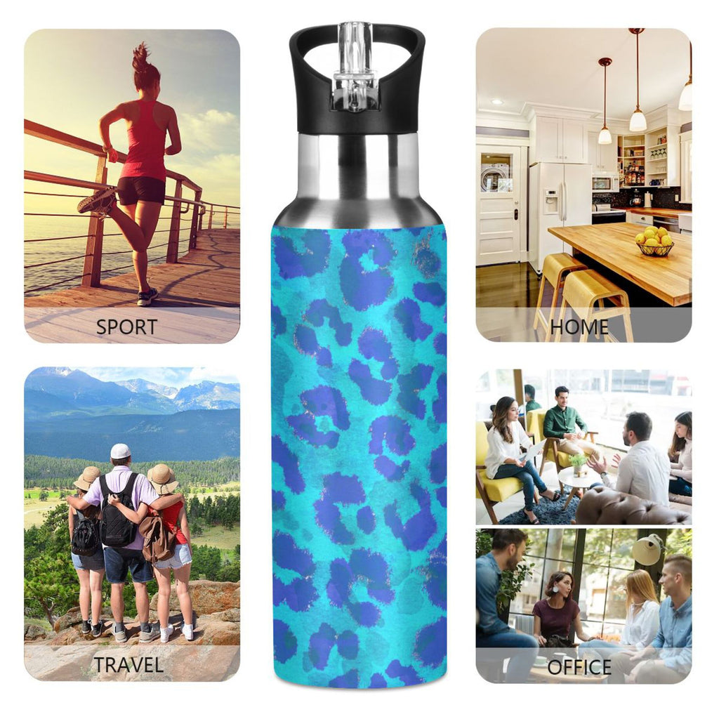 Blue Leopard Stainless Steel Insulated Water Bottle with Straw Lid M941