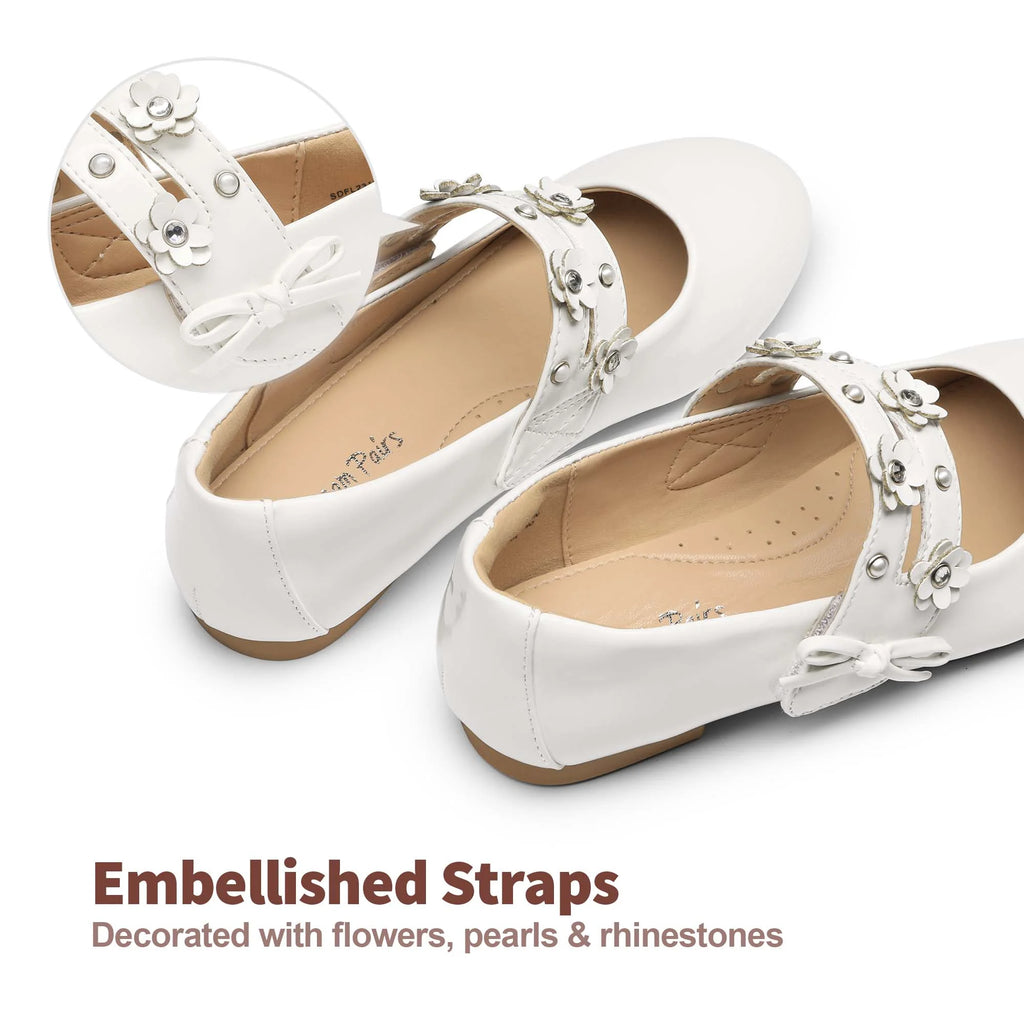 Flower Girl Ballet Flats Pearls Bow Mary Jane Dress Shoes C28708