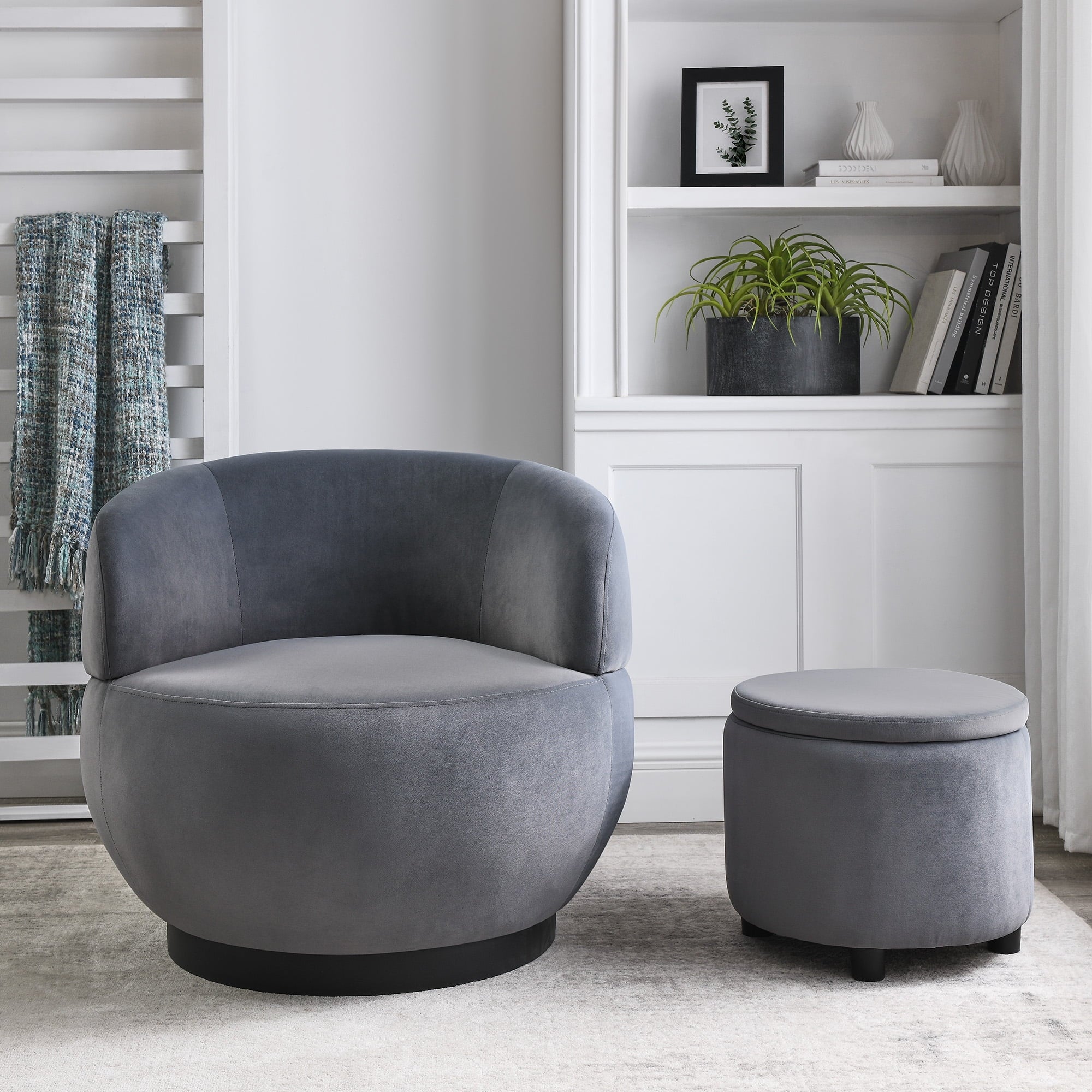 Grey Velvet Barrel Chair with Storage Ottoman U914