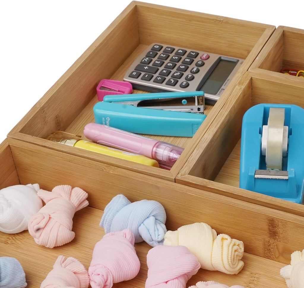 Bamboo Wood Drawer Organizer Tray Box Dividers Set, Pack of 2 M318