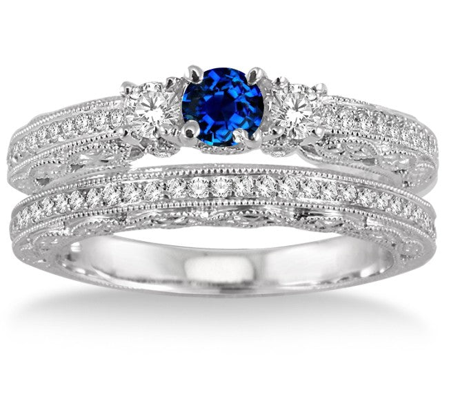 2 Carat Sapphire and Diamond Antique Bridal Set on 10k White Gold E2088