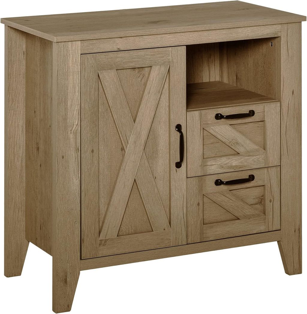 Farmhouse Sideboard Serving Buffet with Cabinet, Open Shelf, 2 Drawers, Oak Finish G67763