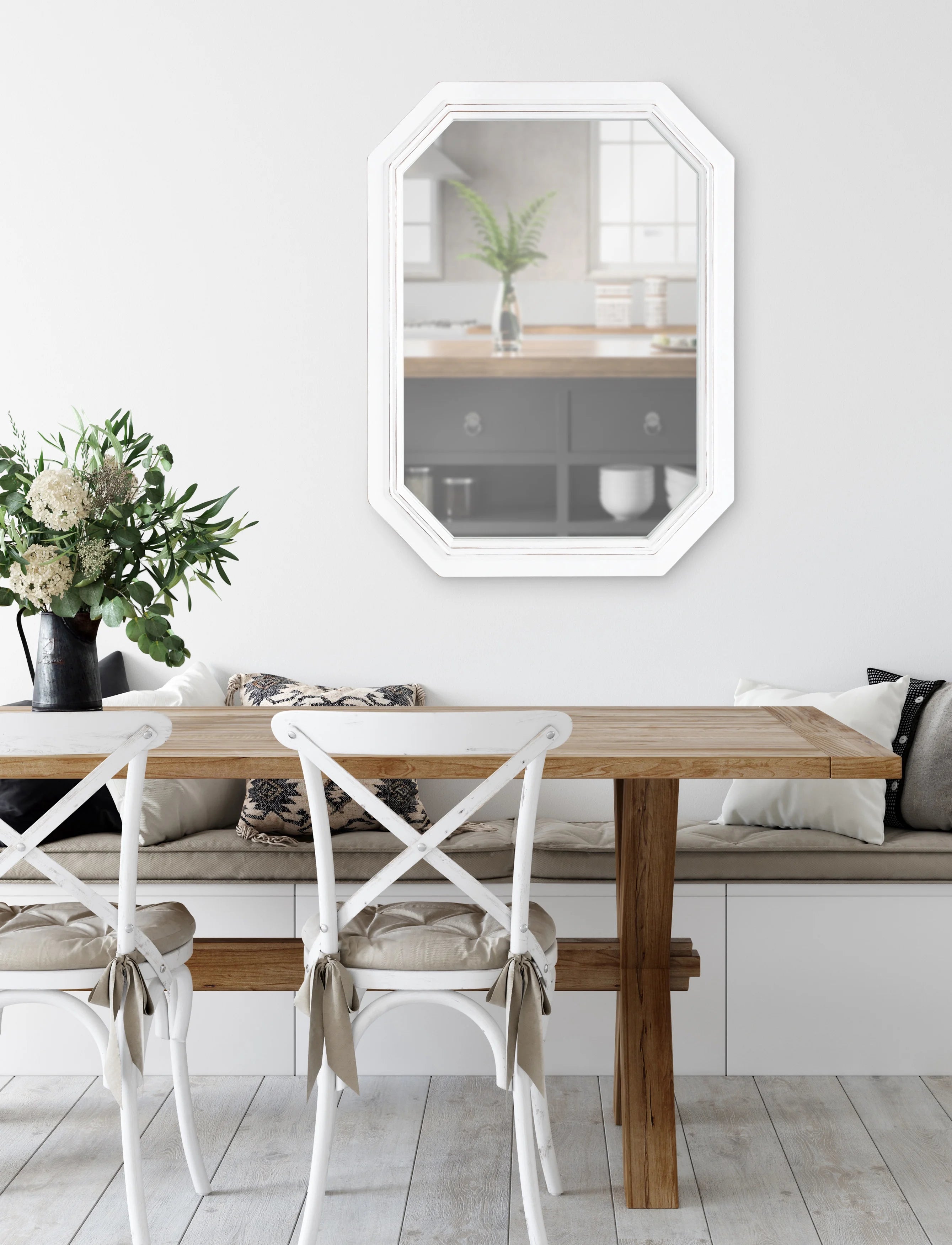 Rustic Wood Framed Octagon Wall Mirror, 28 x 36, White W755492