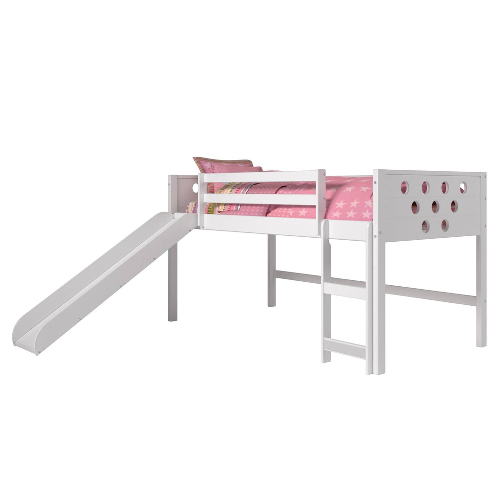 White Twin Circles Low Loft Bed with Slide and Camo Tent Kit U1315