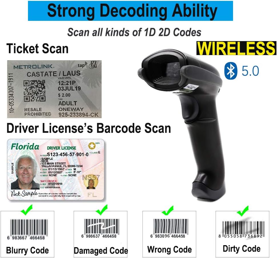 1D 2D Bluetooth Barcode Scanner with USB Cradle Charge Station G7301