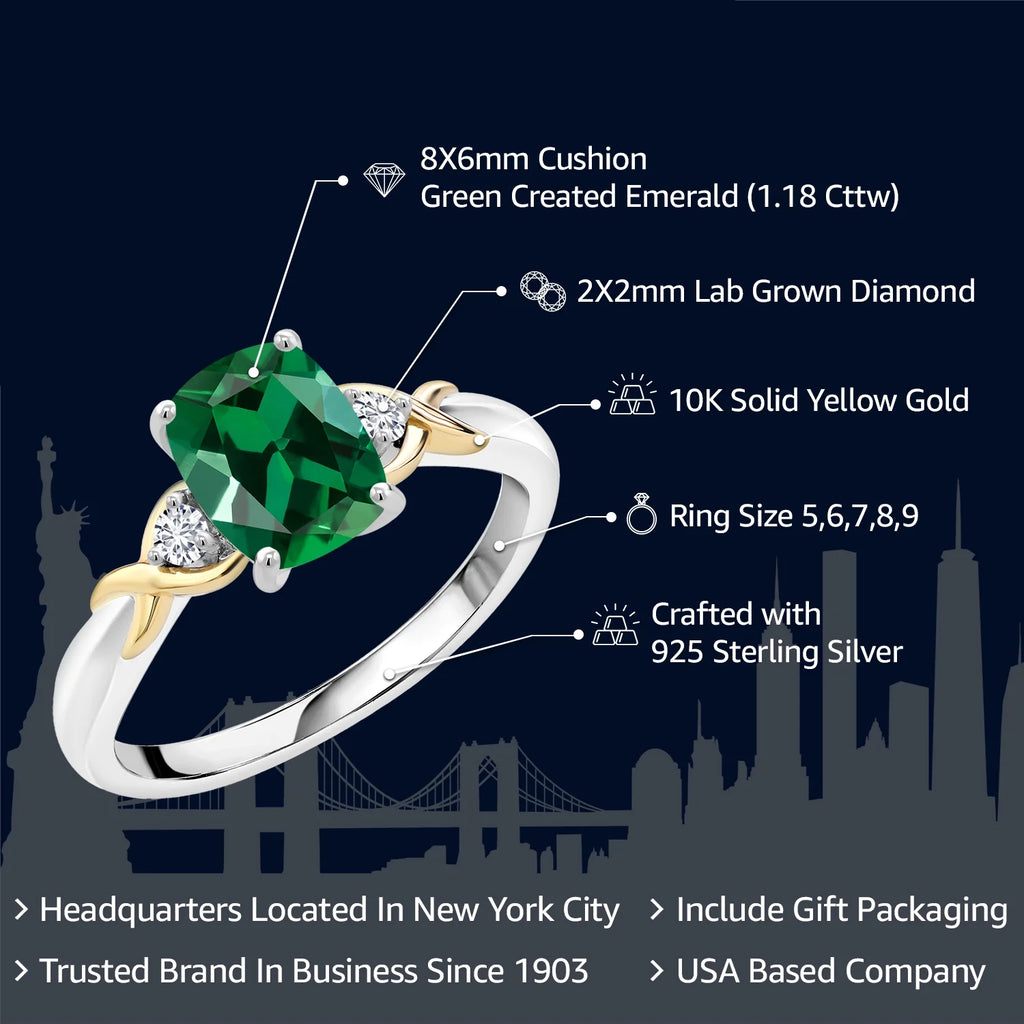 2 Tone 10K Yellow Gold and 925 Sterling Silver Green Created Emerald and White Lab Grown Diamond Engagement Ring B458