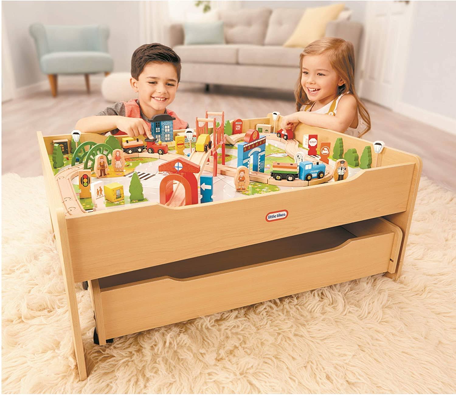 Deluxe Over 80 Piece Hand Painted Wooden Train Table Set with Tracks, Trains & Accessories E75051