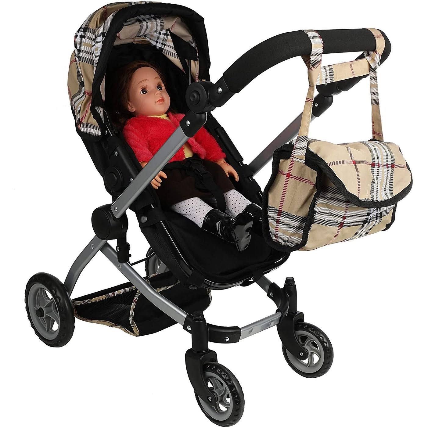 Beige Plaid Doll Pram with Swiveling Wheels and Adjustable Handle D557531