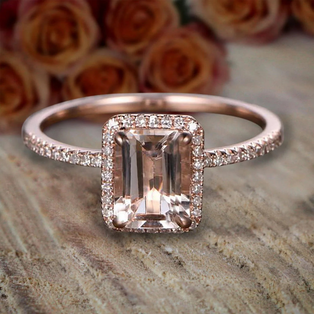 1.75 Carat Peach Pink Morganite Diamond Moissanite Halo Engagement Ring with 18k Gold Plating B230