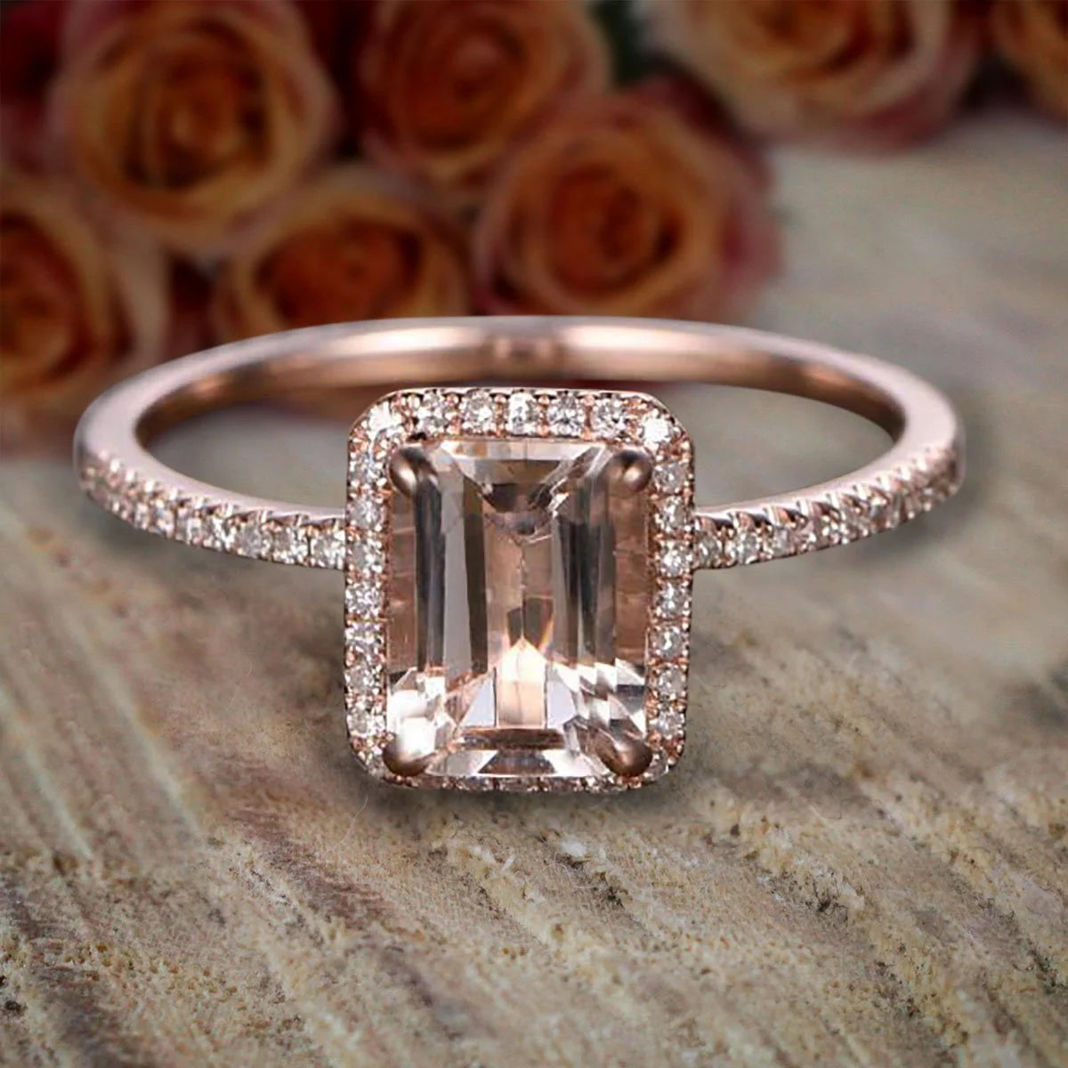 1.75 Carat Peach Pink Morganite Diamond Moissanite Halo Engagement Ring with 18k Gold Plating B230