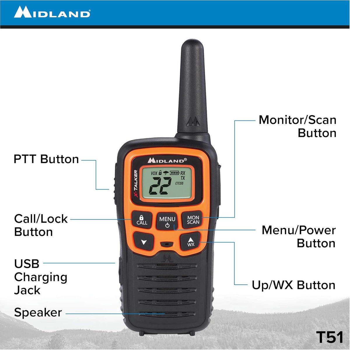 22 Channel FRS Walkie Talkie Two-Way Radio Orange/Black Pack of 6 W6222