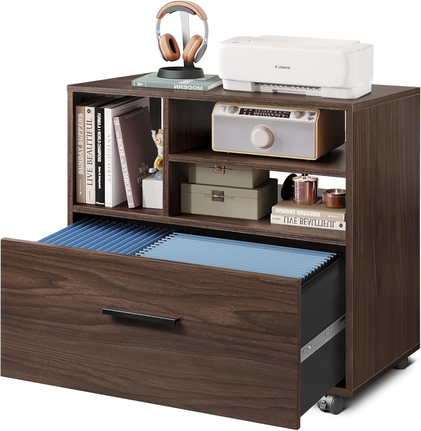 Wood Lateral File Cabinet with 1 Drawer, Printer Stand with Storage Shelves, Mobile Filing Cabinet, Walnut J546
