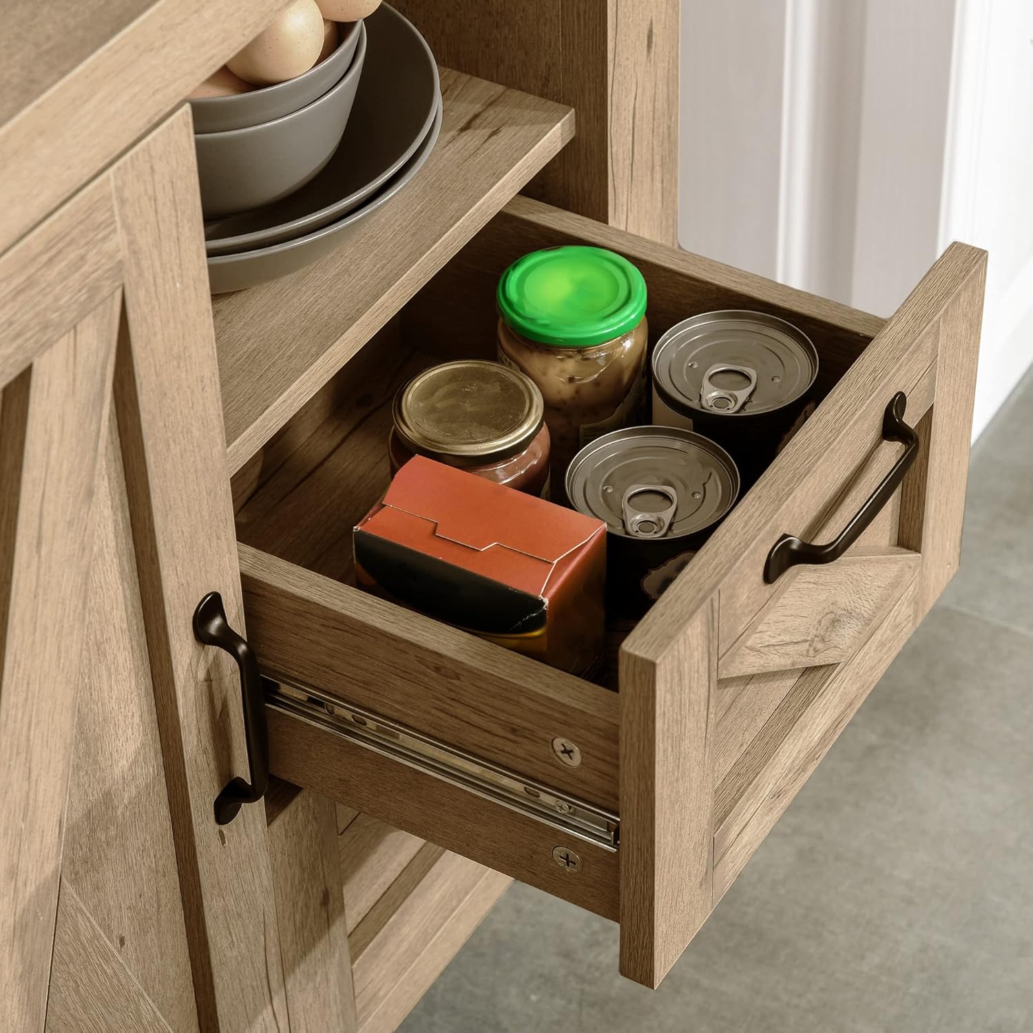Farmhouse Sideboard Serving Buffet with Cabinet, Open Shelf, 2 Drawers, Oak Finish G67763