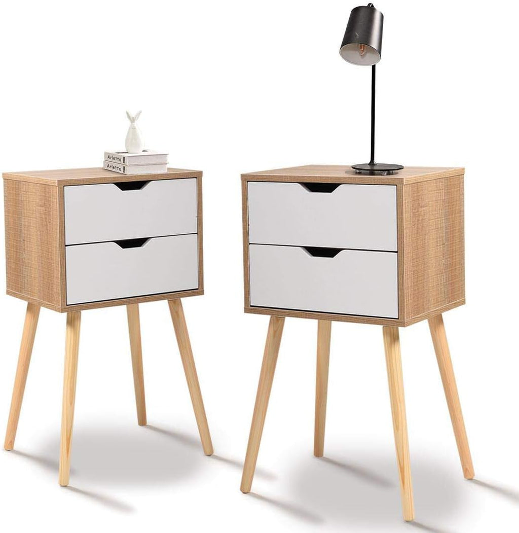 Set of 2 White & Walnut 2 Drawer Wood Nightstand K540505