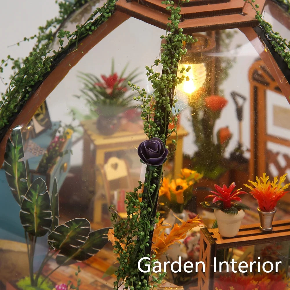 DIY Miniature Dollhouse Kit Wooden Flower Green House with LED Light U96628