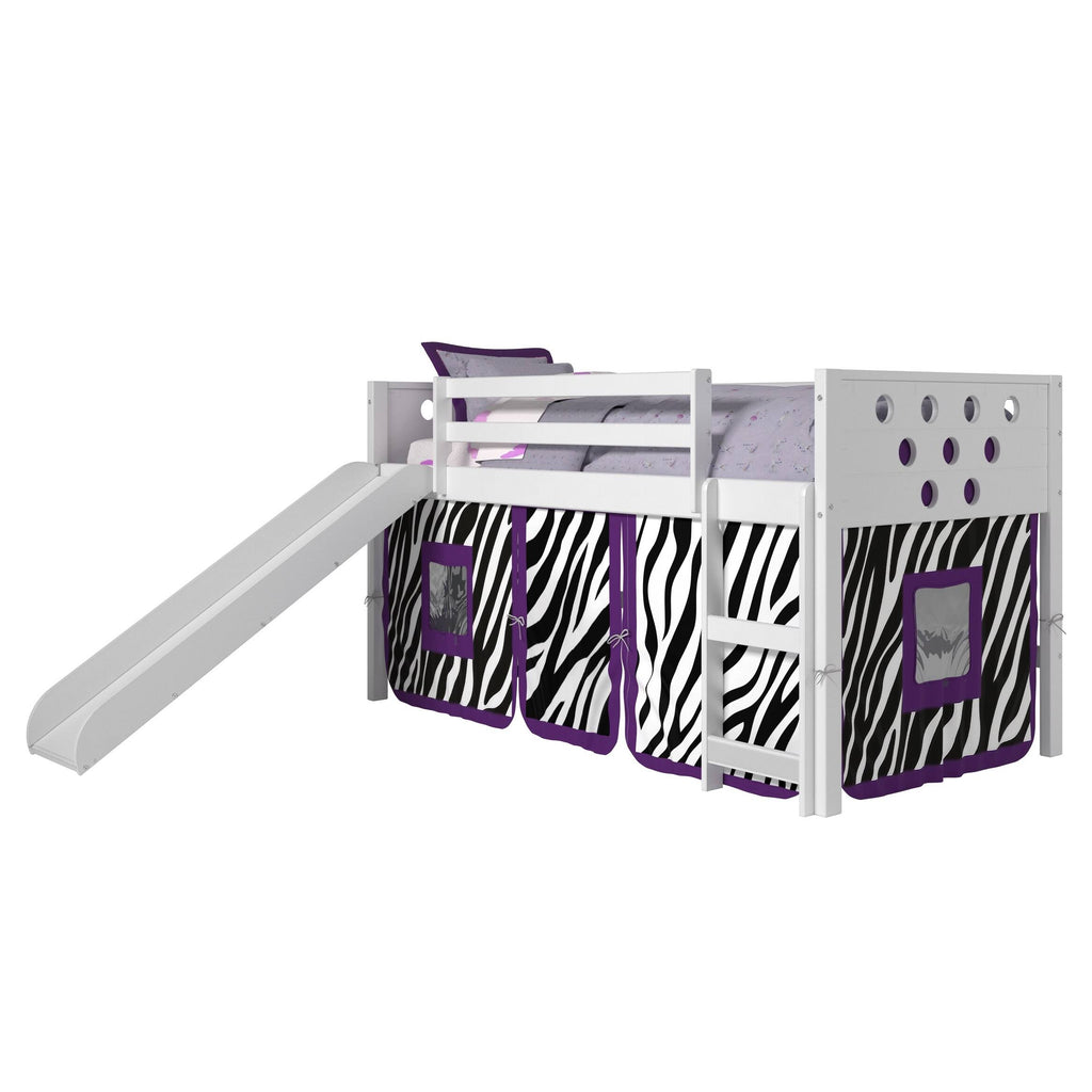 White Twin Circles Low Loft Bed with Slide and Camo Tent Kit U1315