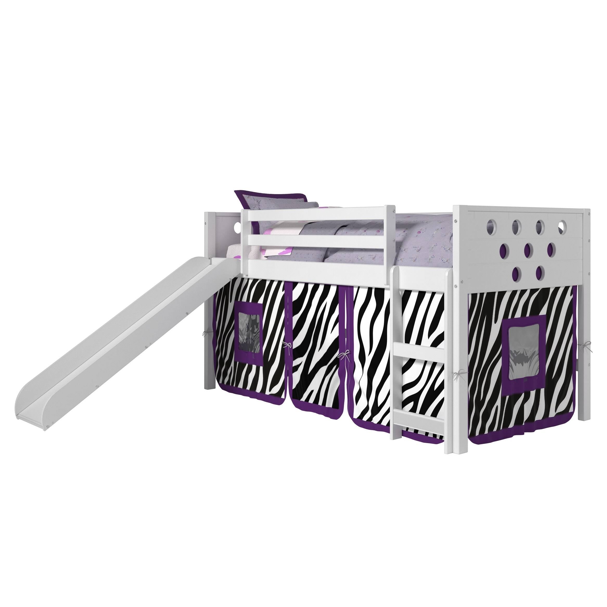 White Twin Circles Low Loft Bed with Slide and Camo Tent Kit U1315