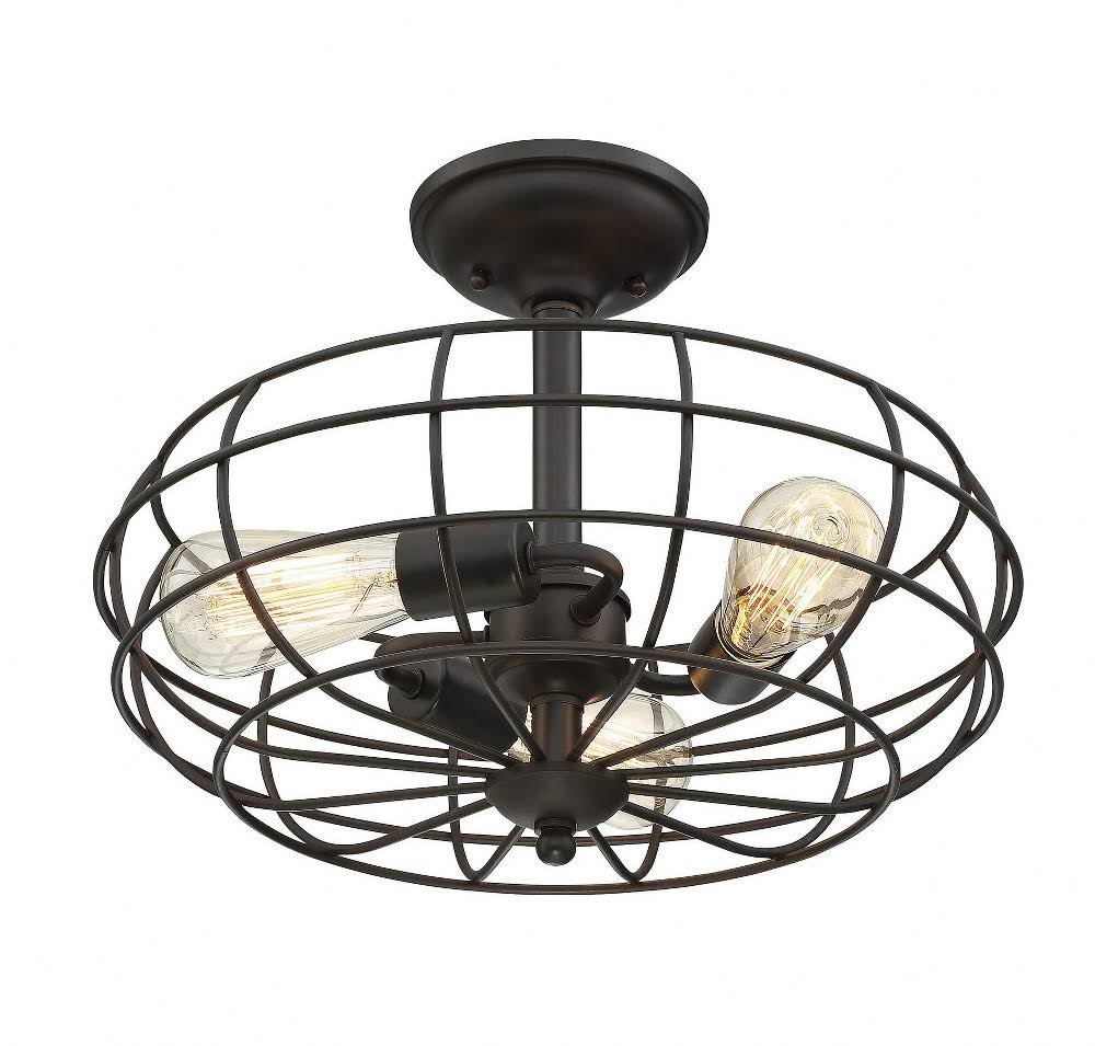 Rustic 3 Light Industrial Semi-Flush Light with Cage Shade in English Bronze Metal U5023