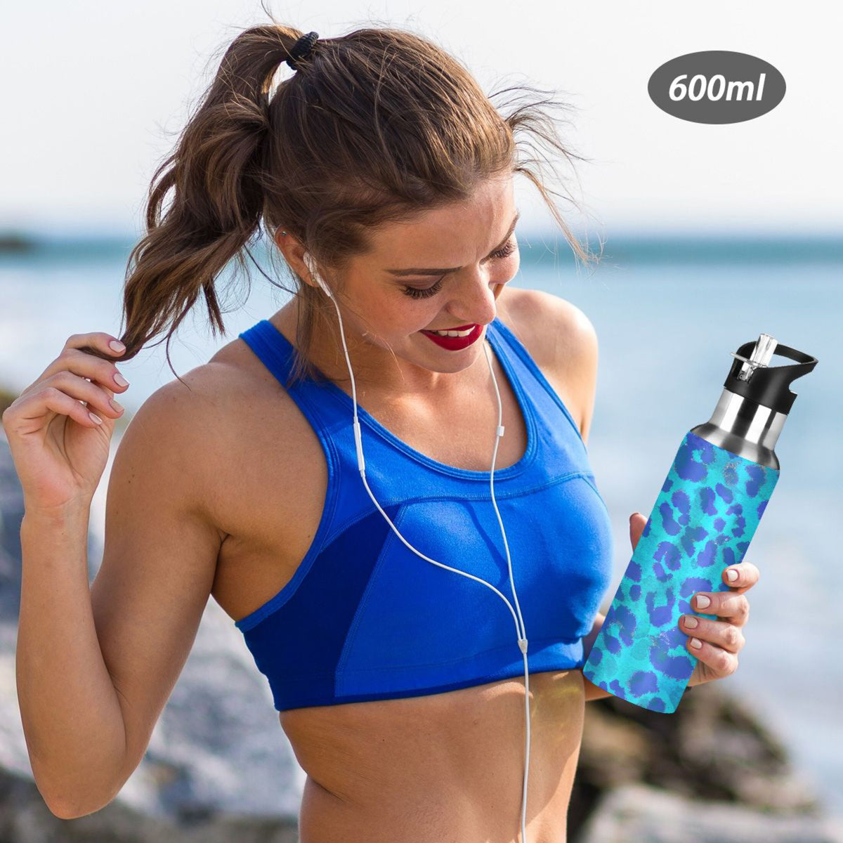 Blue Leopard Stainless Steel Insulated Water Bottle with Straw Lid M941