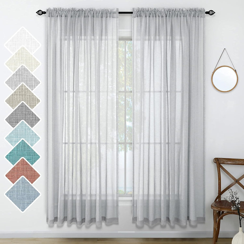 Navy Blue Semi Sheer Faux Linen Rod Pocket Curtains 84 Inch Set of 2 Panels J573360