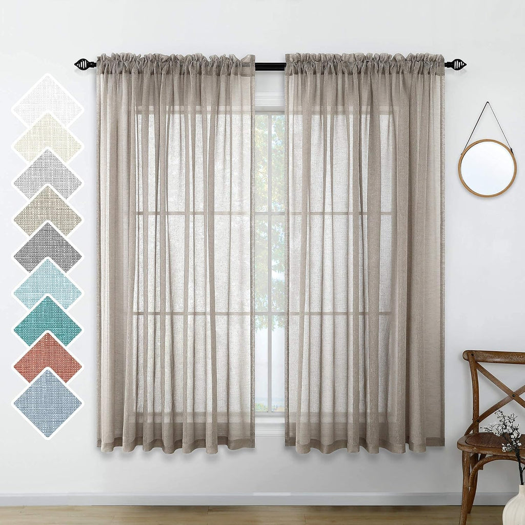 Navy Blue Semi Sheer Faux Linen Rod Pocket Curtains 84 Inch Set of 2 Panels J573360