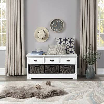 Wood Storage Bench with 3 Drawers and 3 Woven Baskets U497
