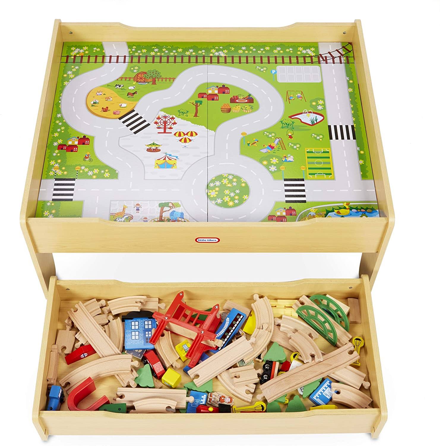 Deluxe Over 80 Piece Hand Painted Wooden Train Table Set with Tracks, Trains & Accessories E75051