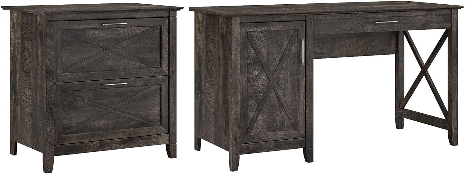 54W Linen White Oak Computer Desk with Storage and 2 Drawer Lateral File Cabinet S22738