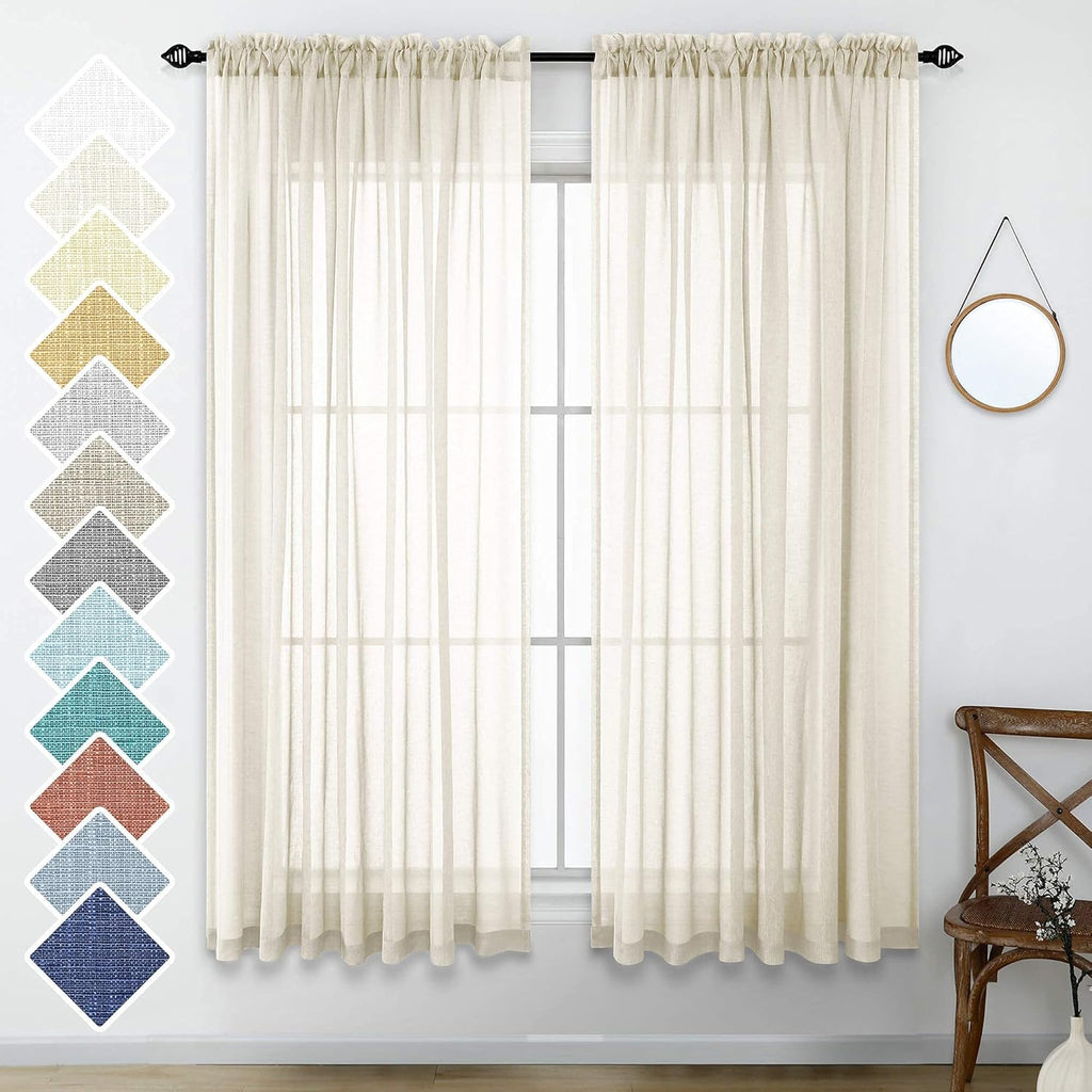 Navy Blue Semi Sheer Faux Linen Rod Pocket Curtains 84 Inch Set of 2 Panels J573360