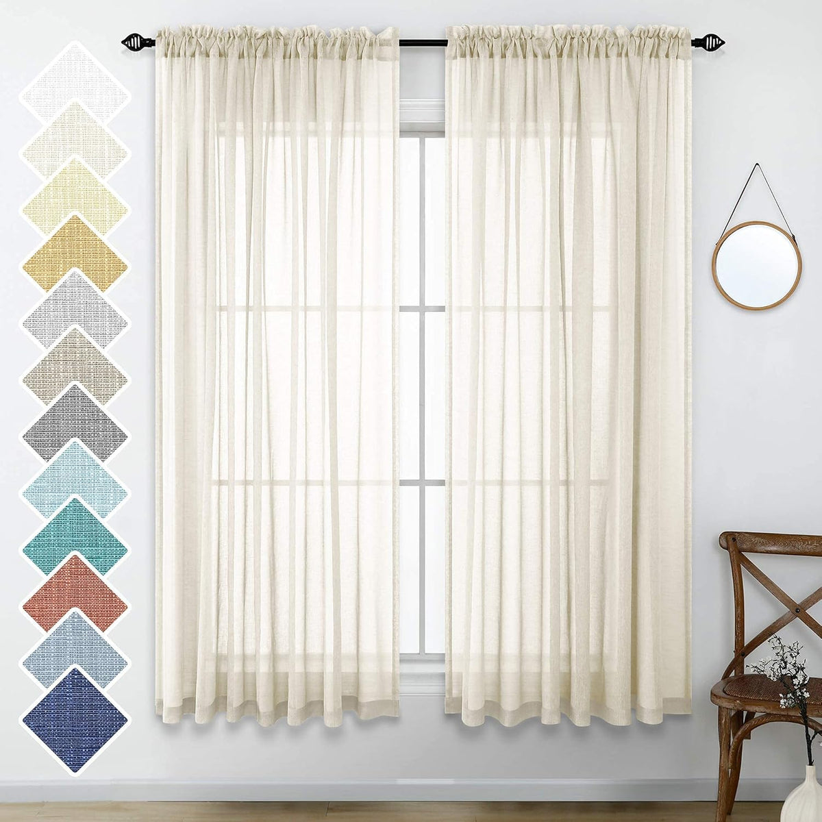Navy Blue Semi Sheer Faux Linen Rod Pocket Curtains 84 Inch Set of 2 Panels J573360